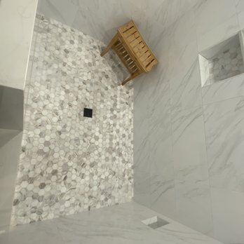 Dexterity Tile Solutions - Master shower w/marble hexagon tiles - Tiling Near Me Dexterity Tile Solutions - Master shower w/marble hexagon tiles - Tiling Near Me