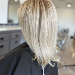 Moonstone & Muro Hair Salon - Blond, grey coverage permanent hair color by Gwen.