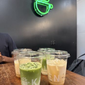 Kaizen & Coffee - pandan matcha miso caramel latte (we've all already drank from these cups, that's why they don't look full) - Coffee & Tea Near Me - San Mateo, California Kaizen & Coffee - pandan matcha miso caramel latte (we've all already drank from these cups, that's why they don't look full) - Coffee & Tea Near Me - San Mateo, California