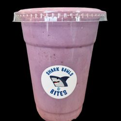 Shark Bowls and Bites - Ube Shark Party Smoothie with 20 grams of protein! Ube, Coconut, Strawberries and All Natural Cake Batter Sun Warrior Protein.