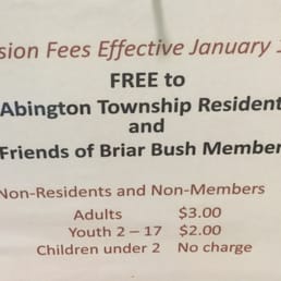 Admission free for Abington residents $3 adults $2 kids 2+ Admission free for Abington residents $3 adults $2 kids 2+