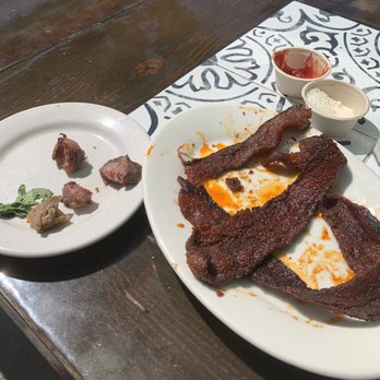 Farmer's Table - Inedible fatty, gristly pieces of steak from salad and candied bacon, which was better. - New American Near Me - La Mesa, California