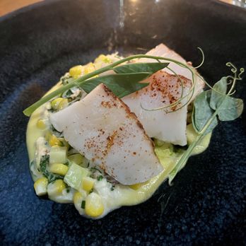 Heritage - Grilled Diver Scallop with corn and dungeness crab. - Modern European Near Me - Long Beach, California