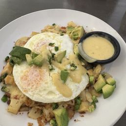 Cajun skillet, with green chili hollandaise
