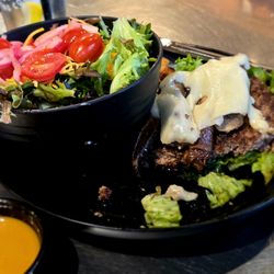 Mushroom Swiss no bun with side salad and honey lime vinaigrette