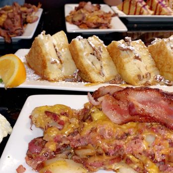 Keke's Breakfast Cafe - Stuffed French Toast, home potatoes with cheese and bacon, fried eggs and coffee - Breakfast & Brunch Near Me - Gainesville, Florida