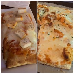 Square Buffalo Chicken inconsistency! These photos were taken two weeks apart from each other. Left= gross