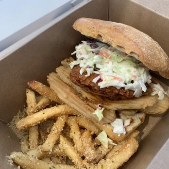 The Easy Otter - The Hey Taylor Nashville chicken sandwich and garlic fries - Waffles Near Me - Salem, Oregon The Easy Otter - The Hey Taylor Nashville chicken sandwich and garlic fries - Waffles Near Me - Salem, Oregon