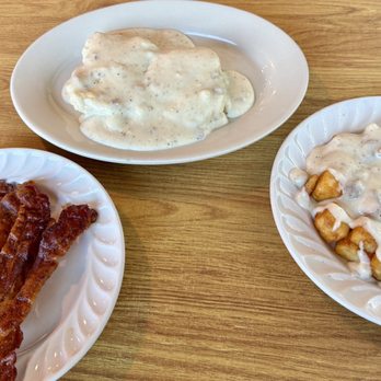 Home Again Restaurant - Side of bacon, 1/2 order of biscuits & gravy, side of home fries smothered in gravy. - Breakfast & Brunch Near Me - Vevay, Indiana