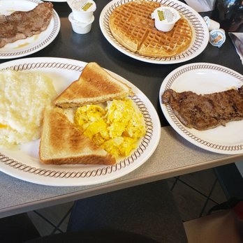 Waffle House - Grits with cheese, scrambled eggs, toast, steak, and a waffle. - Diners Near Me - Atlanta, Georgia Waffle House - Grits with cheese, scrambled eggs, toast, steak, and a waffle. - Diners Near Me - Atlanta, Georgia