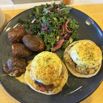 Brekki Brekki - Eggs Benedict, English muffin, side of potatoes and a side salad. - Breakfast & Brunch Near Me - Albuquerque, New Mexico