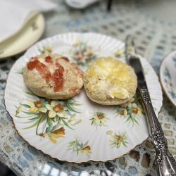 Brooklyn High Low - Scone with jam and clotted cream (left) lemon curd and clotted cream (right)