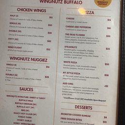 Menu - wings and pizza. $20 for 10 wings?! Expensive
