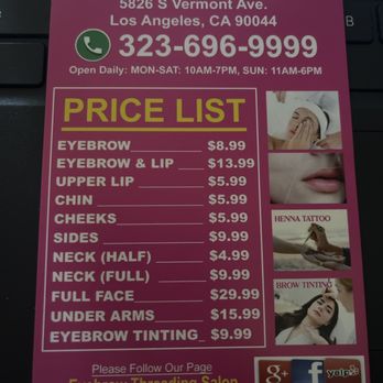 Eyebrow Threading - Updated price list as of 7/2024 - Eyebrow Services Near Me - Los Angeles, California Eyebrow Threading - Updated price list as of 7/2024 - Eyebrow Services Near Me - Los Angeles, California