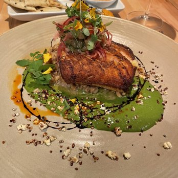 Mad & Vin - Seasonal fish-skillet-seared, creamy farro, yuzu green goddess. Amazing Salmon dish, will order again - New American Near Me - Solvang, California Mad & Vin - Seasonal fish-skillet-seared, creamy farro, yuzu green goddess. Amazing Salmon dish, will order again - New American Near Me - Solvang, California