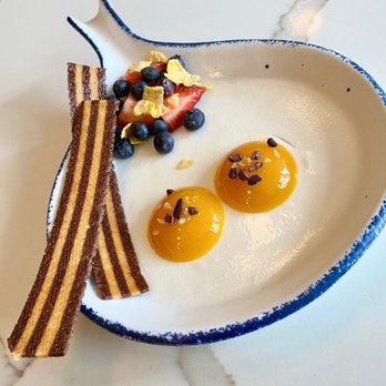 Unconventional Diner - Dessert. Coconut mousse with mango "yolks" and fruit - Breakfast & Brunch Near Me - Washington, DC, District of Columbia