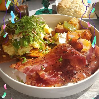 Roberts’ Ranch Catering & Events  - Chilaquiles with bacon and potatoes with the homemade biscuit and jam in the background - Caterers Near Me