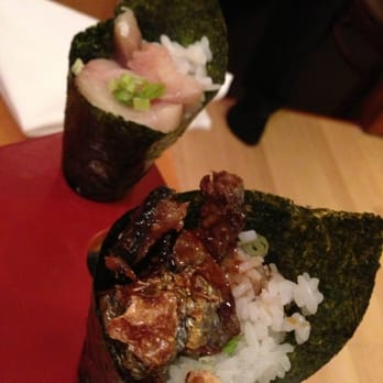Miyako - Temaki (handrolls) salmon skin temaki on the bottom right and yellowtail on the top left. Rare to find salmon skin and delish!! - Japanese Near Me - South Miami, Florida Miyako - Temaki (handrolls) salmon skin temaki on the bottom right and yellowtail on the top left. Rare to find salmon skin and delish!! - Japanese Near Me - South Miami, Florida