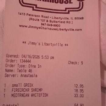 Jimmy's Charhouse - Prices  April 2026 tip added to check - Steakhouses Near Me - Libertyville, Illinois