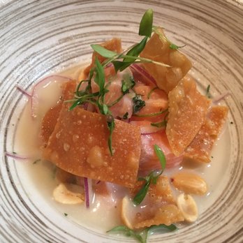 Tanta - Cebiche capon: salmon, peanuts, green onions, crispy wonton, sweet and sour leche de tigre - Peruvian Near Me - Chicago, Illinois