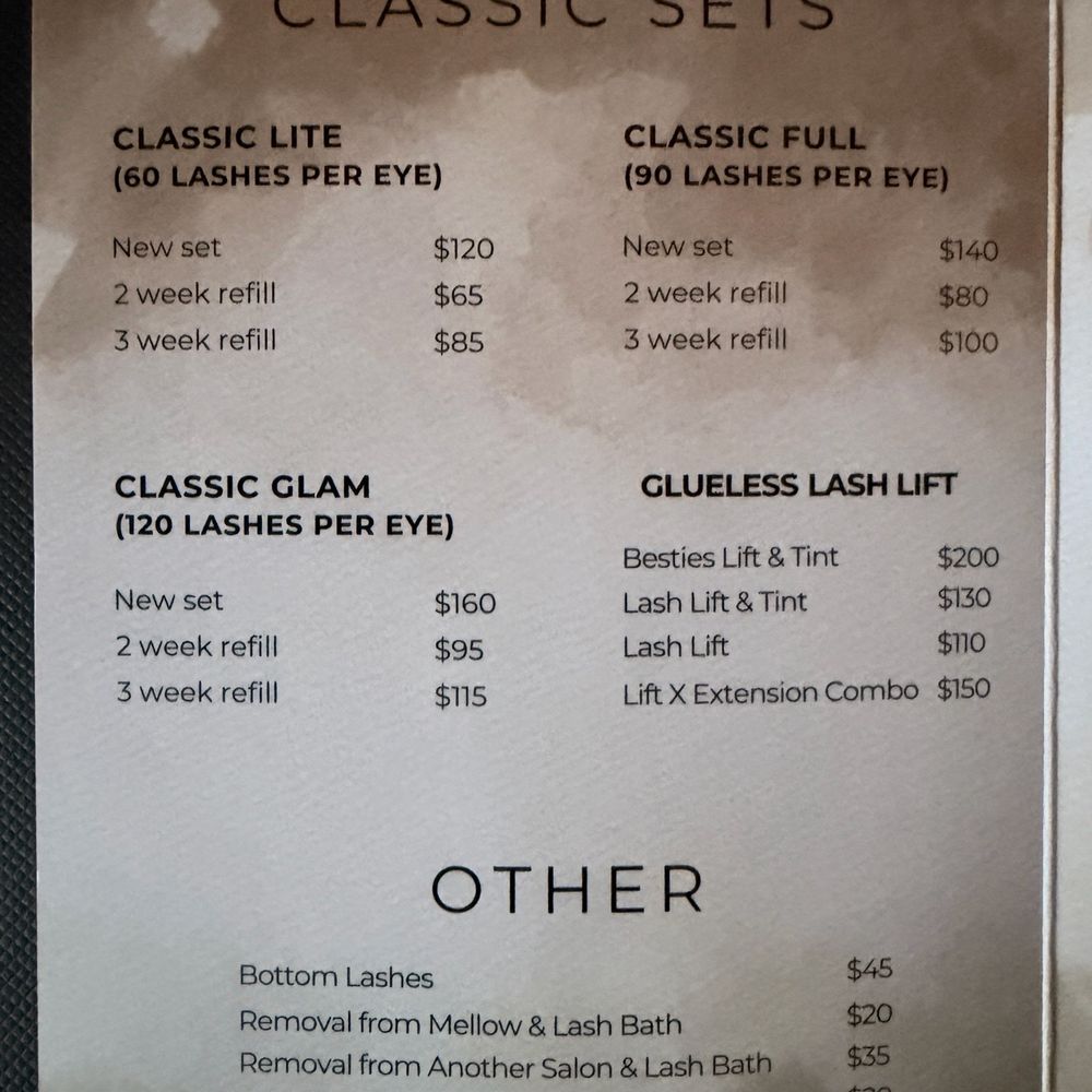 Mellow Lash Bar - Menu as of 1/2026 - Eyelash Service Near Me - Montclair, New Jersey