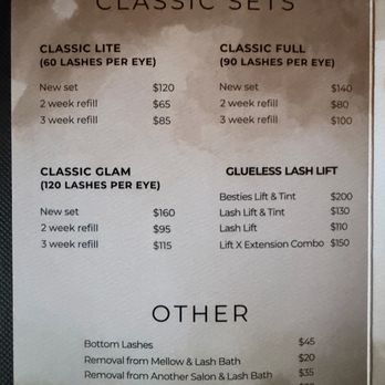 Mellow Lash Bar - Menu as of 1/2026 - Eyelash Service Near Me - Montclair, New Jersey