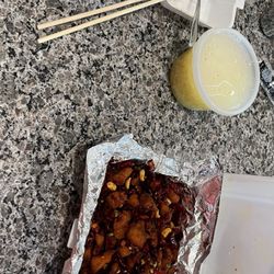 China City - 011. Steamed Dumplings. 247. Small Egg Drop Soup.  059. Szechuan Dried Pepper Chicken with Peanut
