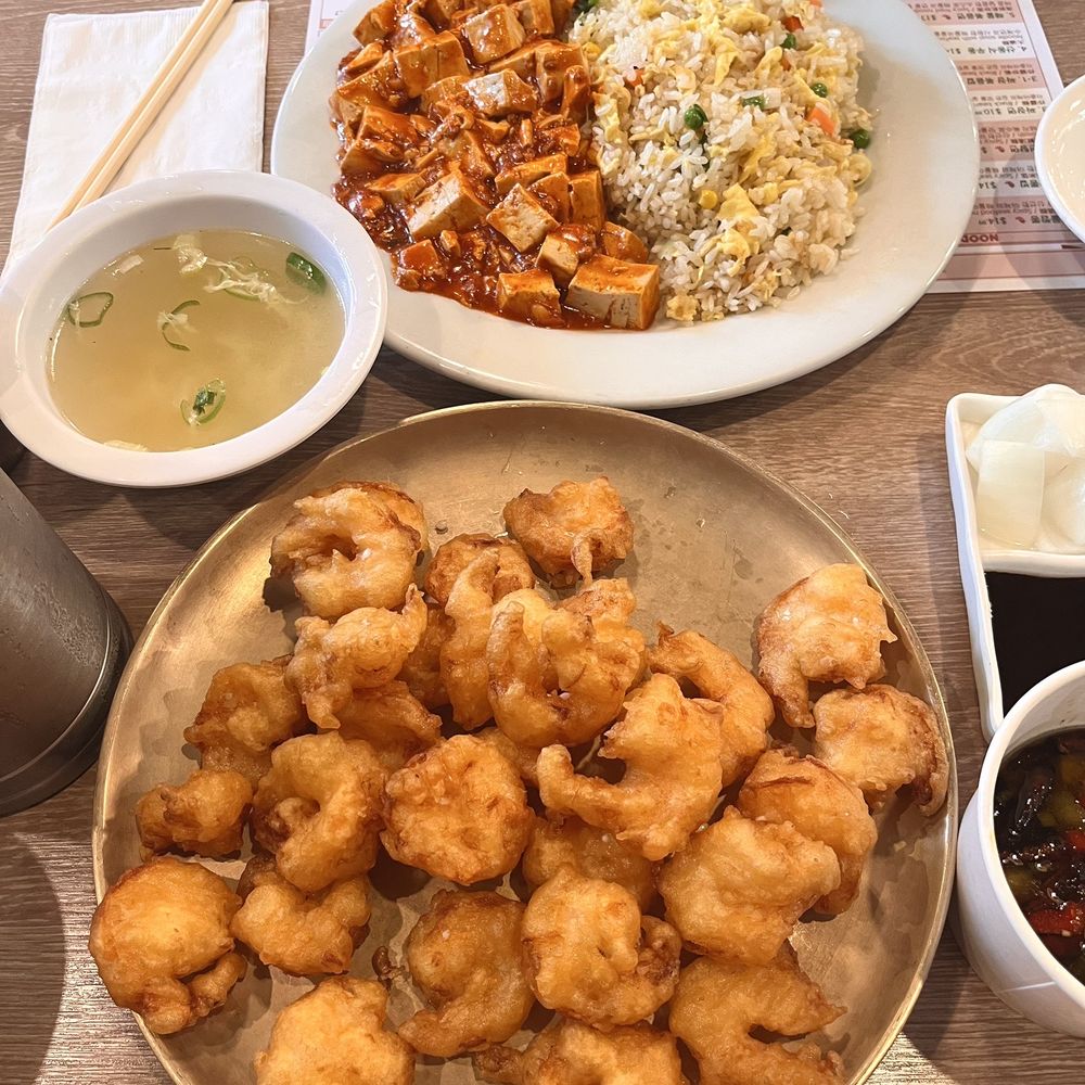 Chai Lan - Mapo tofu and fried shrimps with hot pepper sauce on the side - Chinese Near Me - Irvine, California Chai Lan - Mapo tofu and fried shrimps with hot pepper sauce on the side - Chinese Near Me - Irvine, California