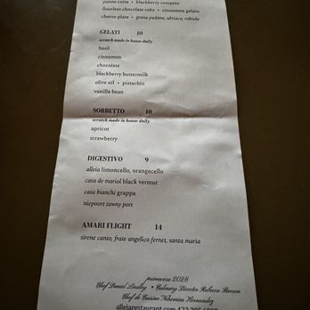 Alleia - Desert menu - Italian Near Me - Chattanooga, Tennessee