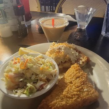 Hog Island Fish Camp - Blue crab crusted grouper, key lime slaw, fried grits. The drink is the espresso martini - Seafood Near Me - Dunedin, Florida