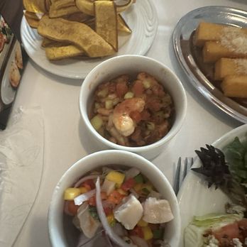 Casa do Brasil - Bottom to top: fish ceviche, Shrimp cocktail & fried plantains from the salad bar - Steakhouses Near Me - Houston, Texas Casa do Brasil - Bottom to top: fish ceviche, Shrimp cocktail & fried plantains from the salad bar - Steakhouses Near Me - Houston, Texas
