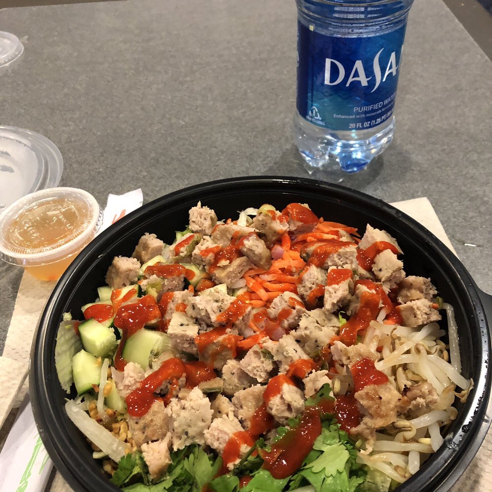 Banh Shop - Noodle salad. Topped w sriracha. Add protein for $2.99 more- this is pork. - Vietnamese Near Me Banh Shop - Noodle salad. Topped w sriracha. Add protein for $2.99 more- this is pork. - Vietnamese Near Me