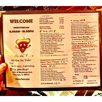 Disco Taco - Menu Disco Taco.Nice & Quick Easy Order Online Dine In Take Out Delivery Tacos Burritos Tortas Fajitas Enchilada Quesadillas etc.Cool! - Tacos Near Me - Chicago, Illinois