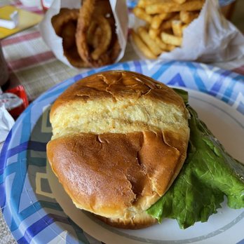 Blue Jay Burger - a burger with lettuce and onion rings - Burgers Near Me - Blue Jay, California Blue Jay Burger - a burger with lettuce and onion rings - Burgers Near Me - Blue Jay, California