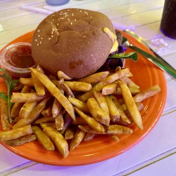Hobbit Cafe - Buffalo burger with cheese and a side of fries. - Burgers Near Me - Houston, Texas