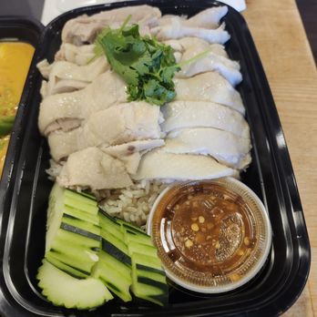 Gai 'N Rice - Steamed chicken w/jasmine rice, sliced cucumber and wonderful sauce made using Grandmother's recipe and Thai soybean sauce. - Thai Near Me - Elk Grove, California