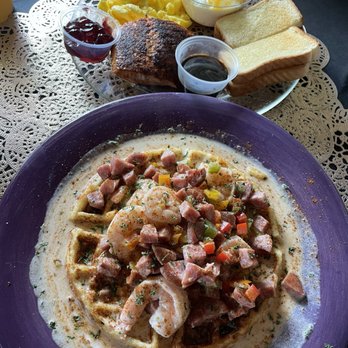 Audrey’s Restaurant - Salmon fillet with cheese grits and eggs, and the shrimp n grits waffle - Soul Food Near Me - Birmingham, Alabama