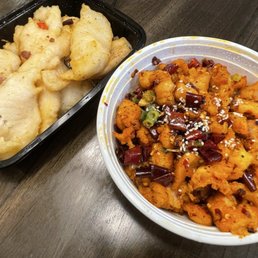 Salt/Pepper fish filet on left. Chicken with Szechuan Peppers on right.