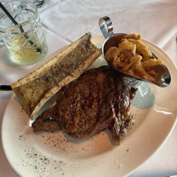 The ribeye with the bone marrow and crispy onions. Cooked to a perfect rare plus