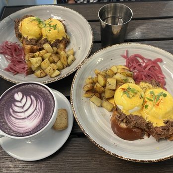 Republik Coffee Burbank - purple caramel latte and 2 short rib weekend only benedicts - Cafes Near Me - Burbank, California Republik Coffee Burbank - purple caramel latte and 2 short rib weekend only benedicts - Cafes Near Me - Burbank, California