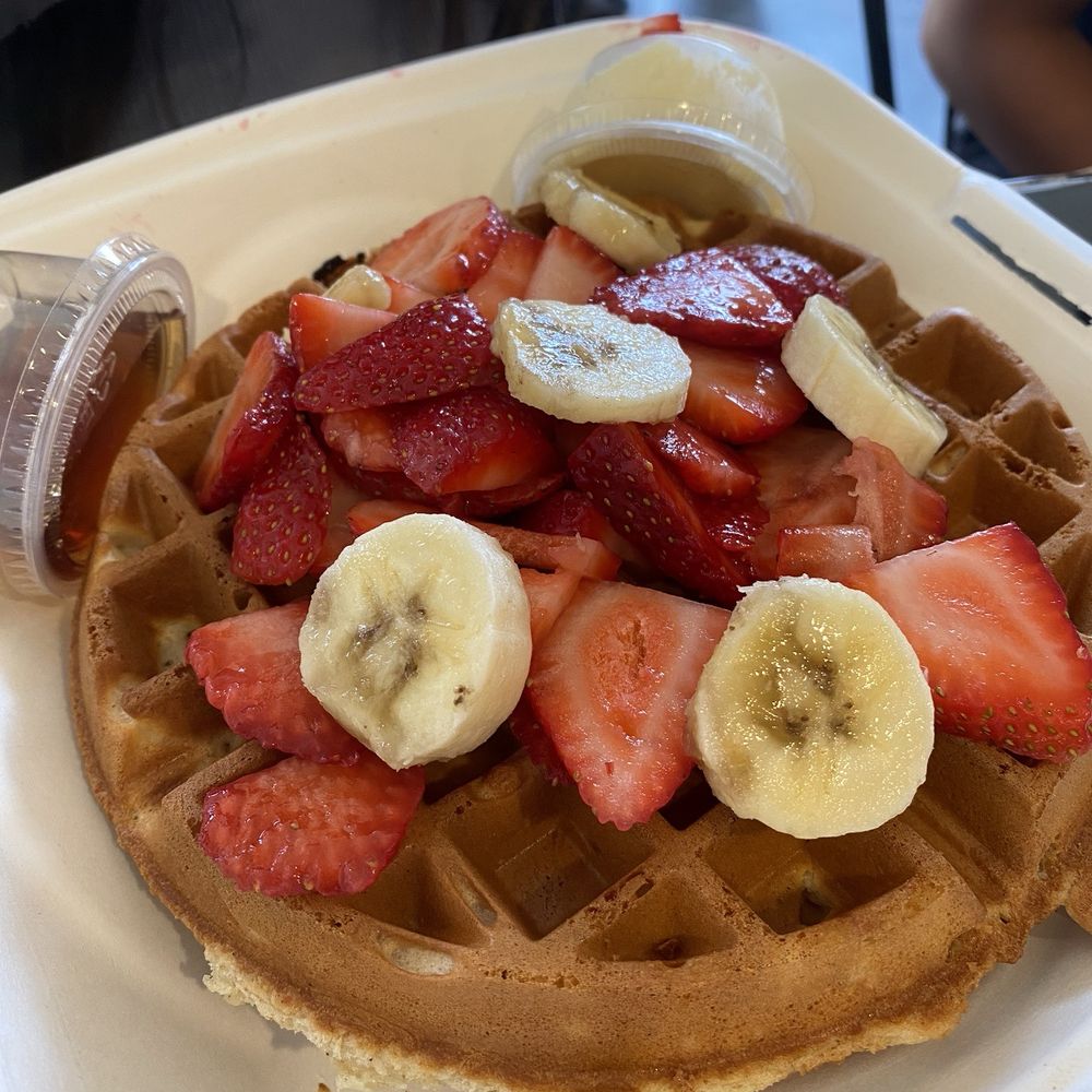 Big House Beans - Waffle - Classic Gluten-Free with bananas and strawberries. Missing whip cream - Coffee & Tea Near Me - Brentwood, California Big House Beans - Waffle - Classic Gluten-Free with bananas and strawberries. Missing whip cream - Coffee & Tea Near Me - Brentwood, California
