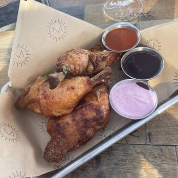 Miramonte Winery - Chicken tomahawk with 3 different sauces! Tender juicy crunchy and delish! - Wineries Near Me - Temecula, California Miramonte Winery - Chicken tomahawk with 3 different sauces! Tender juicy crunchy and delish! - Wineries Near Me - Temecula, California