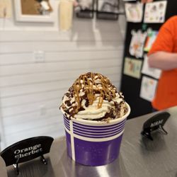 Lazy Bear Creamery - Brownie sundae with gimme cookie ice cream with homemade whipped cream and hot fudge
