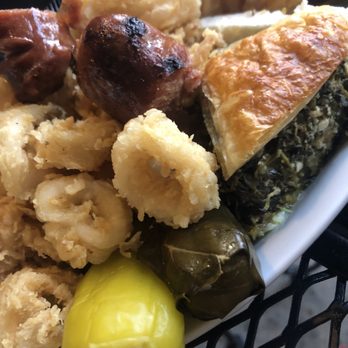 Yanni's - Combination Platter-calamari, spanakopita, dolmades, loukanilko, feta - Greek Near Me - Greenwood Village, Colorado Yanni's - Combination Platter-calamari, spanakopita, dolmades, loukanilko, feta - Greek Near Me - Greenwood Village, Colorado
