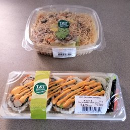spicy California sushi roll and Taiwanese fried noodles spicy California sushi roll and Taiwanese fried noodles