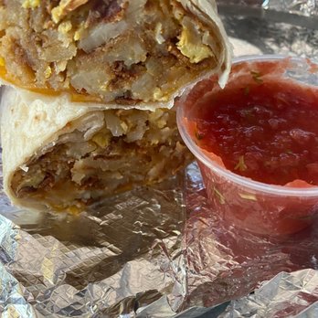 Georges Burgers - Breakfast burrito - bacon, homestyle potatoes, cheese, and eggs with a side of salsa - Hot Dogs Near Me - Fontana, California
