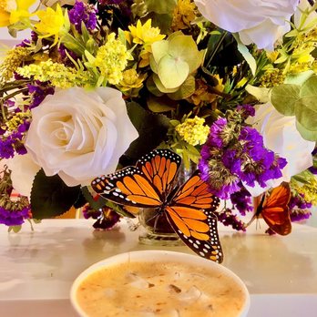 Philz Coffee - 'Iced Gingersnap' with ginger, cinnamon, nutmeg, clove almond milk latte next to a floral bouquet monarch butterflies - Coffee & Tea Near Me - Beverly Hills, California Philz Coffee - 'Iced Gingersnap' with ginger, cinnamon, nutmeg, clove almond milk latte next to a floral bouquet monarch butterflies - Coffee & Tea Near Me - Beverly Hills, California