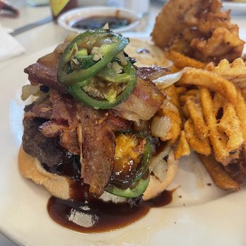 Oasis Diner Restaurant - Western Burger Deluxe Waffle Fries Onion Rings bacon, grilled onions & jalapeños, BBQ sauce. So good.! - Diners Near Me - Brooklyn, New York