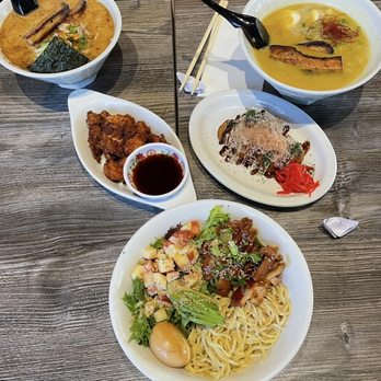 Nikka Ramen - Left: Spicy Tonkotsu Ramen Right: Curry Ramen Sides: Chicken Karaage, Takoyaki - Ramen Near Me - Goleta, California