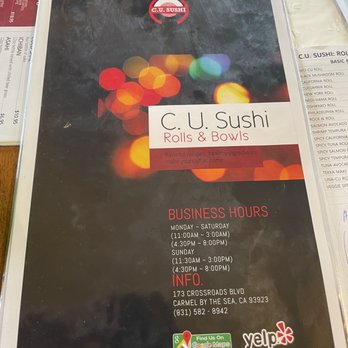 C U Sushi - front cover menu - Sushi Bars Near Me - Carmel-by-the-Sea, California